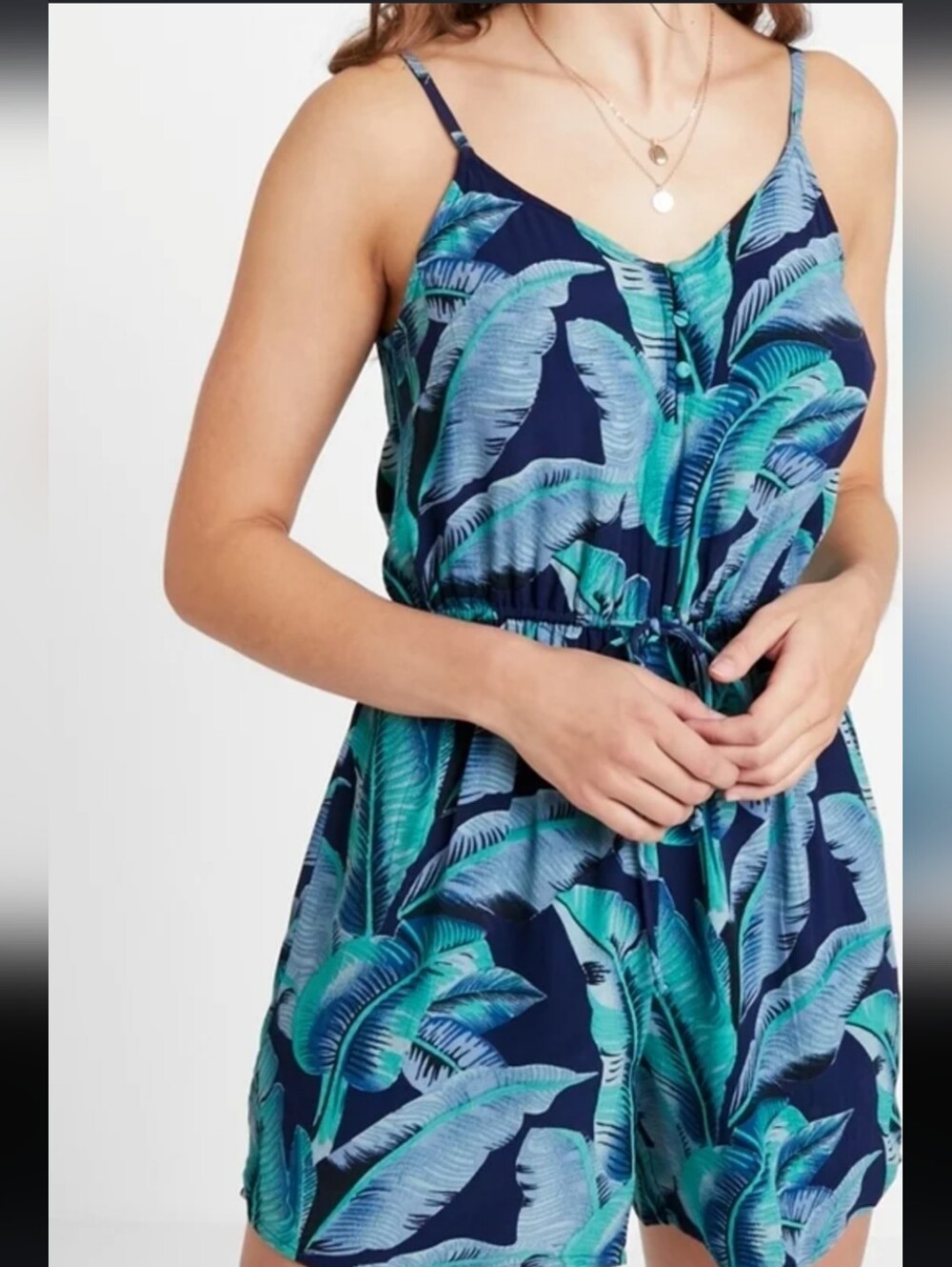 Old Navy Navy Blue Tropical Leaf Romper